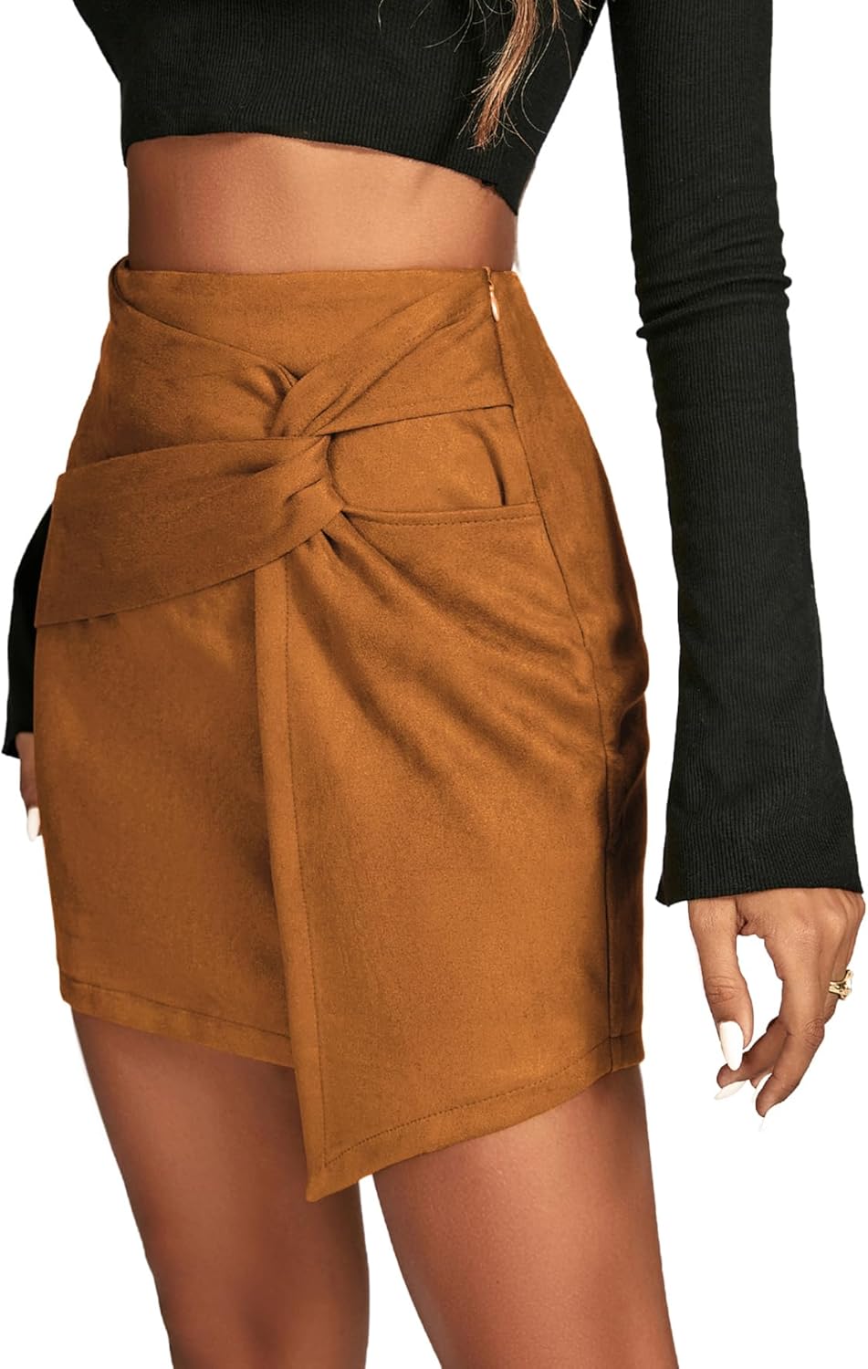 LYANER Women's Faux Suede Solid High Waist Twist-Front Zipper Mini A-Line Short Skirt - Image 6