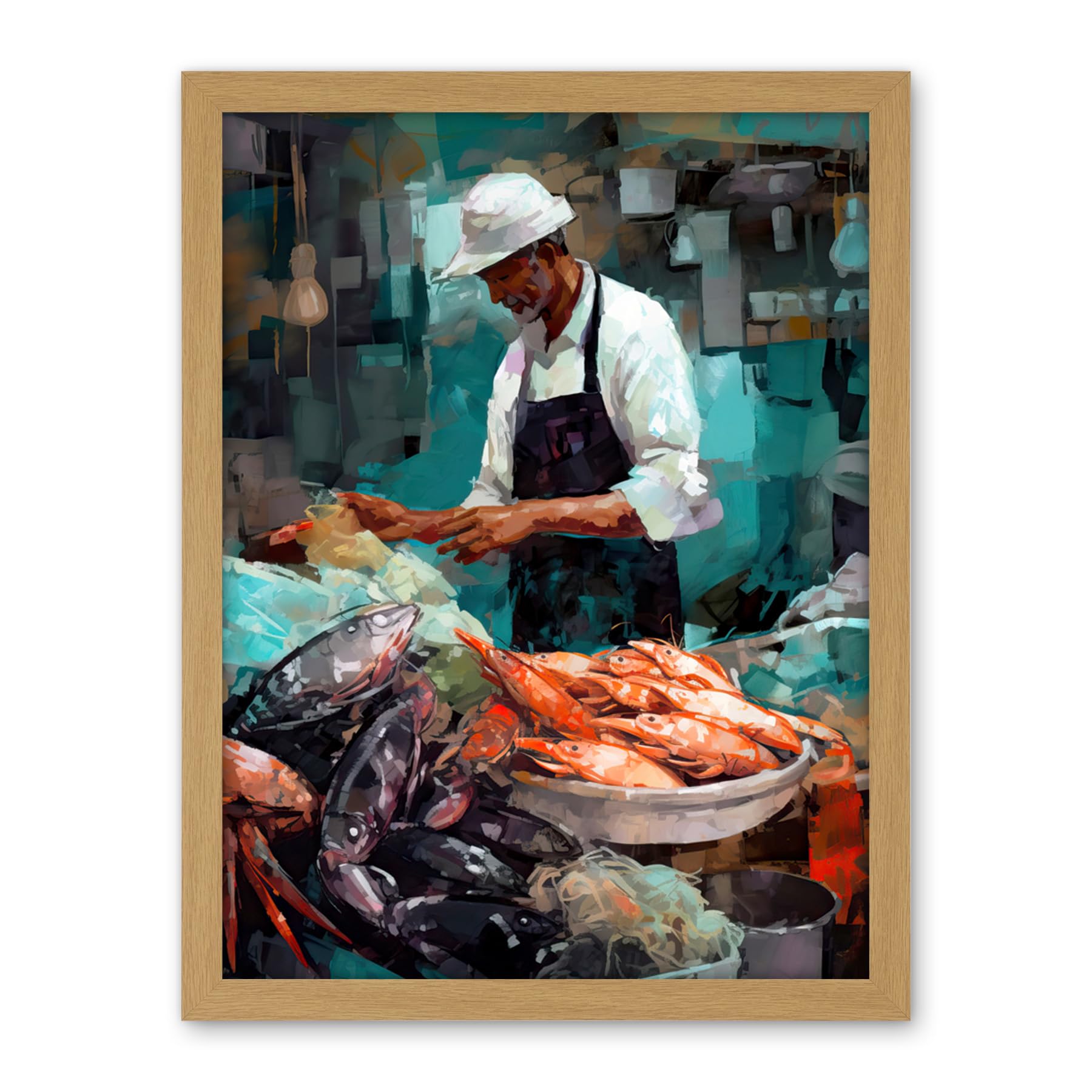 Artery8 Market Fishmonger Selling Fresh Catch Seafood Artwork Framed Wall Art Print 18X24 Inch
