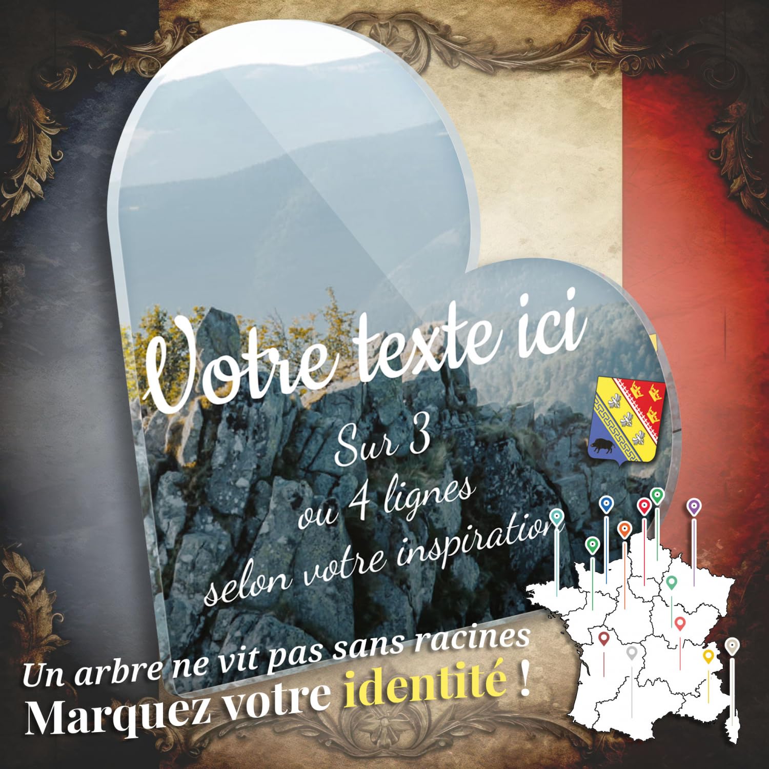 Placa funeraria Corazón personalizable en plexi con diseño regional Grand Est Montaña, varios tamaños, grosor 6mm, personalizado en varias líneas 20x20 cm
