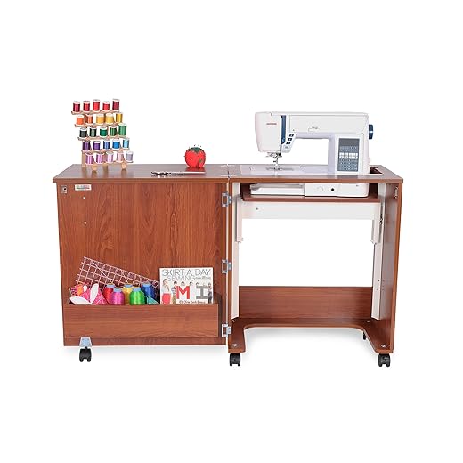 Arrow Sewing Classic Furniture “Judy” Sewing Cabinet: Portable, Folding, Compact, Locking Wheels, with Storage Bin and Hydraulic Machine Lift-Teak