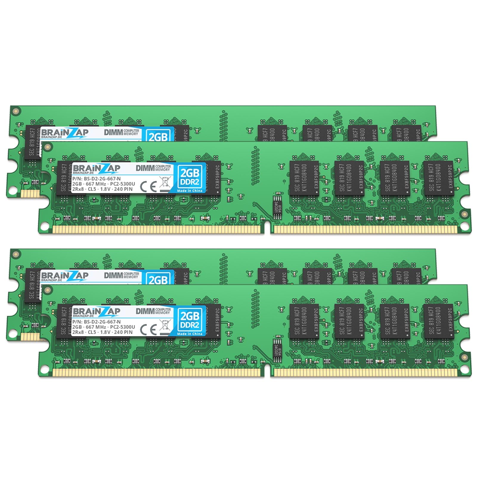BRAINZAP 8GB (4x2GB) DDR2 667MHz PC2-5300U-555 DIMM CL5 2Rx8 1.8V Unbuffered Non-ECC RAM memoria per PC desktop Modulo di memoria Memory