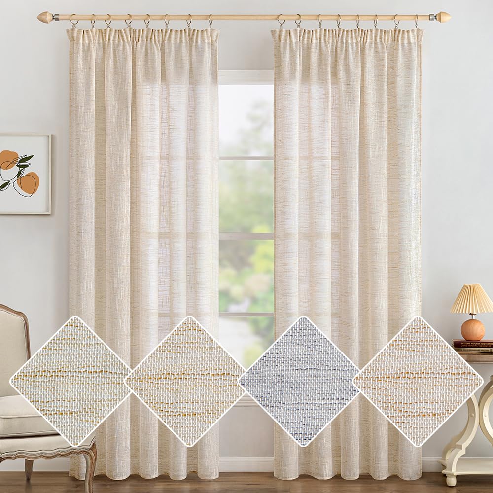 MIULEE Cortinas Salon Lino Visillo Dormitorio Translucidas Transparente Puro para Ventana Sala Cruzada Visillo Cortina 2 Piezas 140x145 cm Arroz Blanco