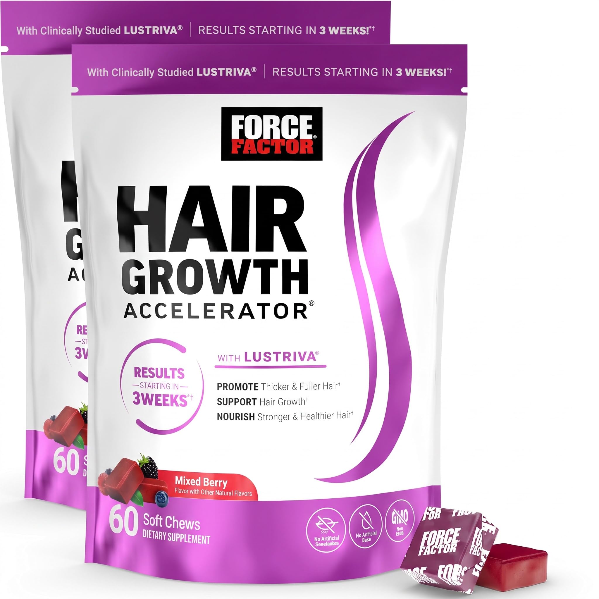 Force Factor Hair Growth Accelerator Soft Chews, Vitamins for Women and Men with Clinically Studied Lustriva and Biotin, Promotes Thicker, Fuller, Stronger Hair, Mixed Berry, 60 Soft Chews (Pack of 2)