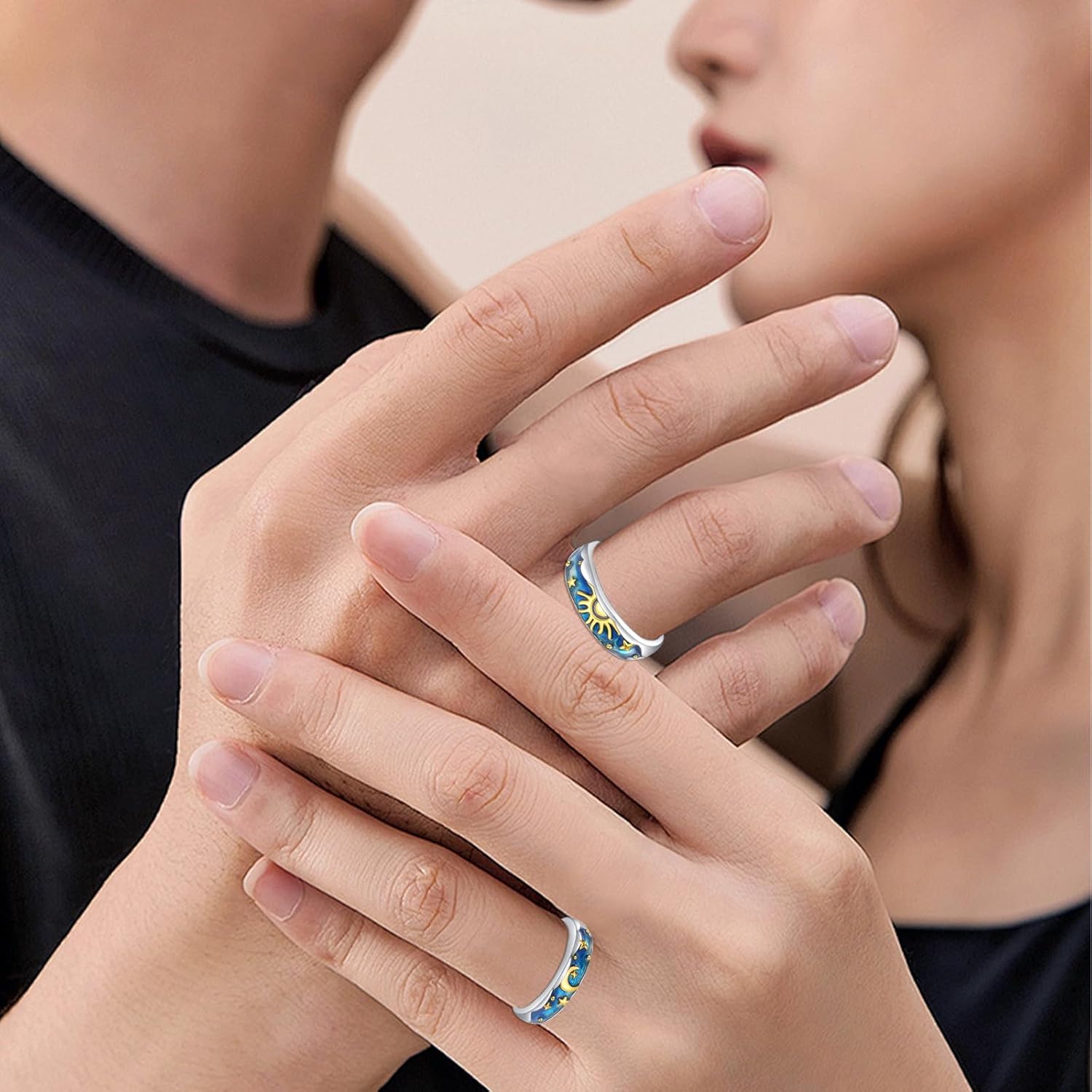 Cuoka Sun and Moon Couple Ring S925 Sterling Silver Sunburst Sunrise Crescent Moon Couples Matching Rings for Him Her Women Men Lover Promise Engagement Gift Jewelry 2 Set