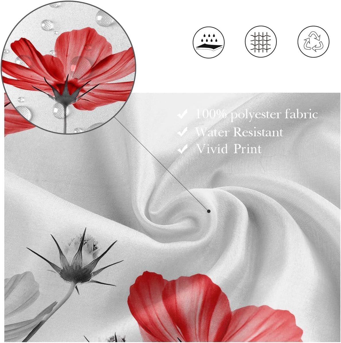 Extra Wide Shower Curtain 108''W x 72''L Clawfoot Tub Wrap Around Red Gray Daisy Floral Elegant Flower Wildflower Bathroom Curtains Accessories Polyester Fabric 18 Pack Hooks