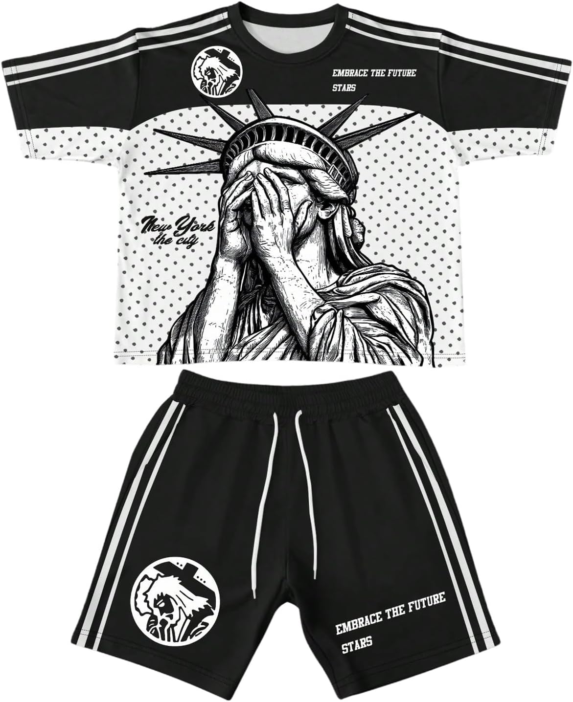 Men's Short Sets Outfits 2 Piece Polka Dots Graphic Oversized Tshirts and Side Striped Shorts Tracksuits