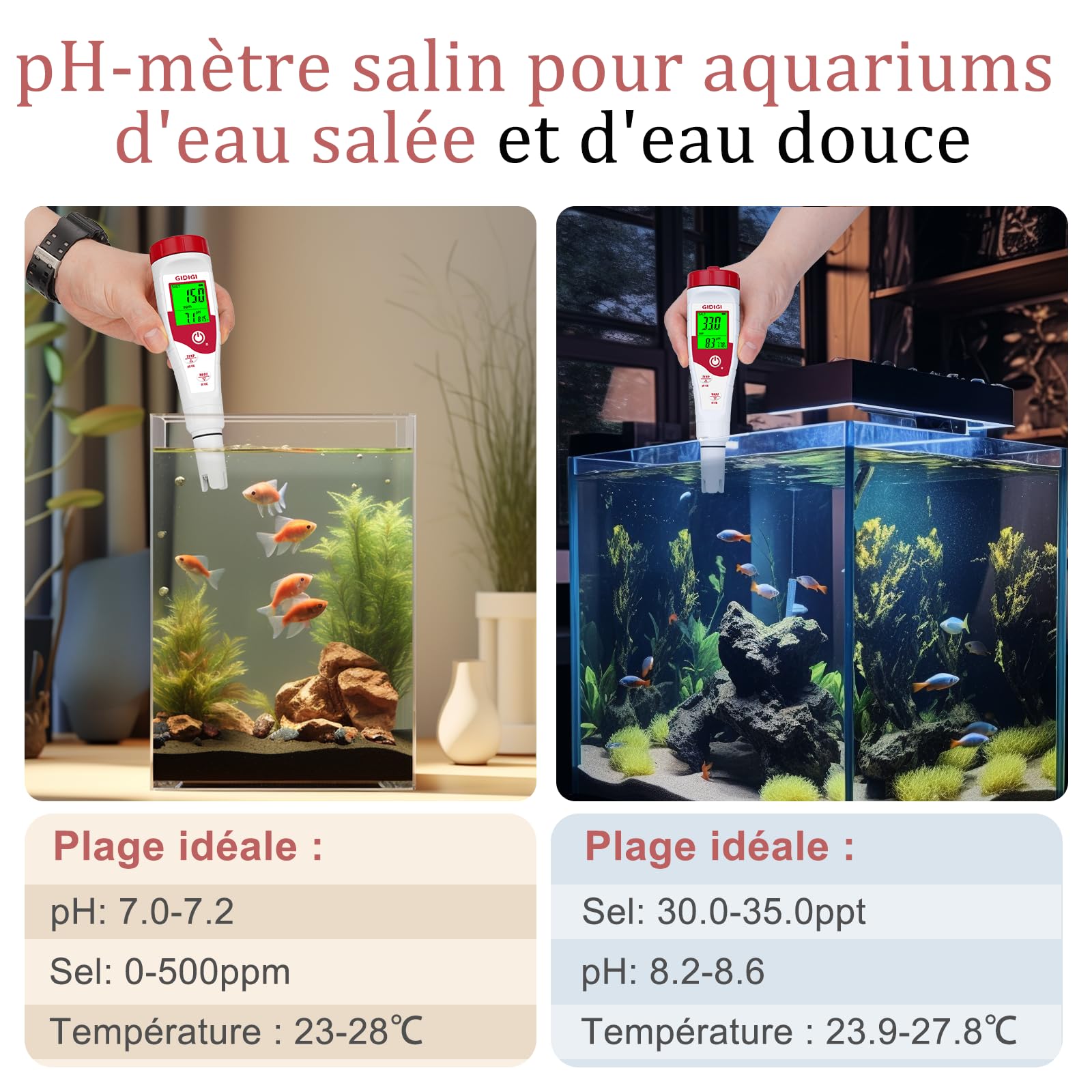 Mètre de pH pour piscine, testeur de sel, 5 en 1 mètre de salinité, affiche simultanément pH, TDS, EC, temp,sel, convient pour l'eau salée, bain à remous, spa, piscine, aquarium