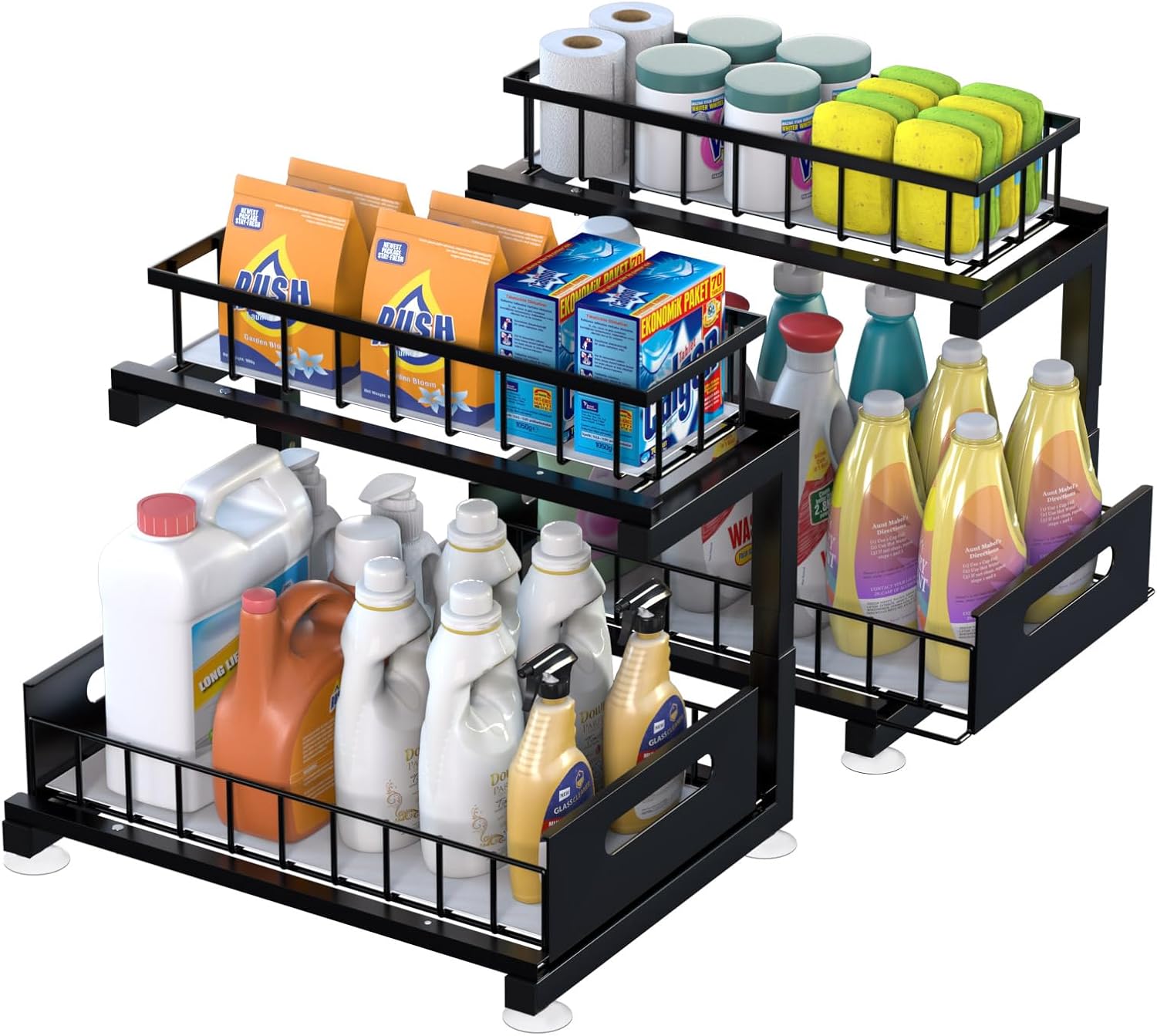 Under Sink Organizer Storage: Adjustable Height, 2 Tier L-Shaped Pull-Out Metal Shelf with Non-Slip Pads & Rust-Resistant Design Maximize Kitchen & Bathroom Cabinet Space