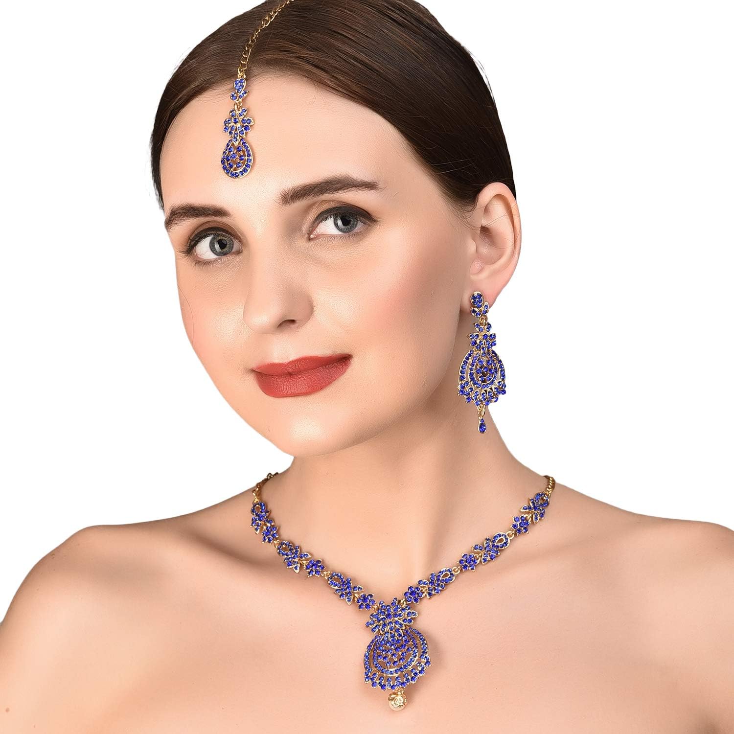 Touchstone Indian jewelry sets for women maang tikka wedding guest gold necklace bollywood jewellery set pageant elegant prom bride accessories western crystal chunky rhinestone necklaces