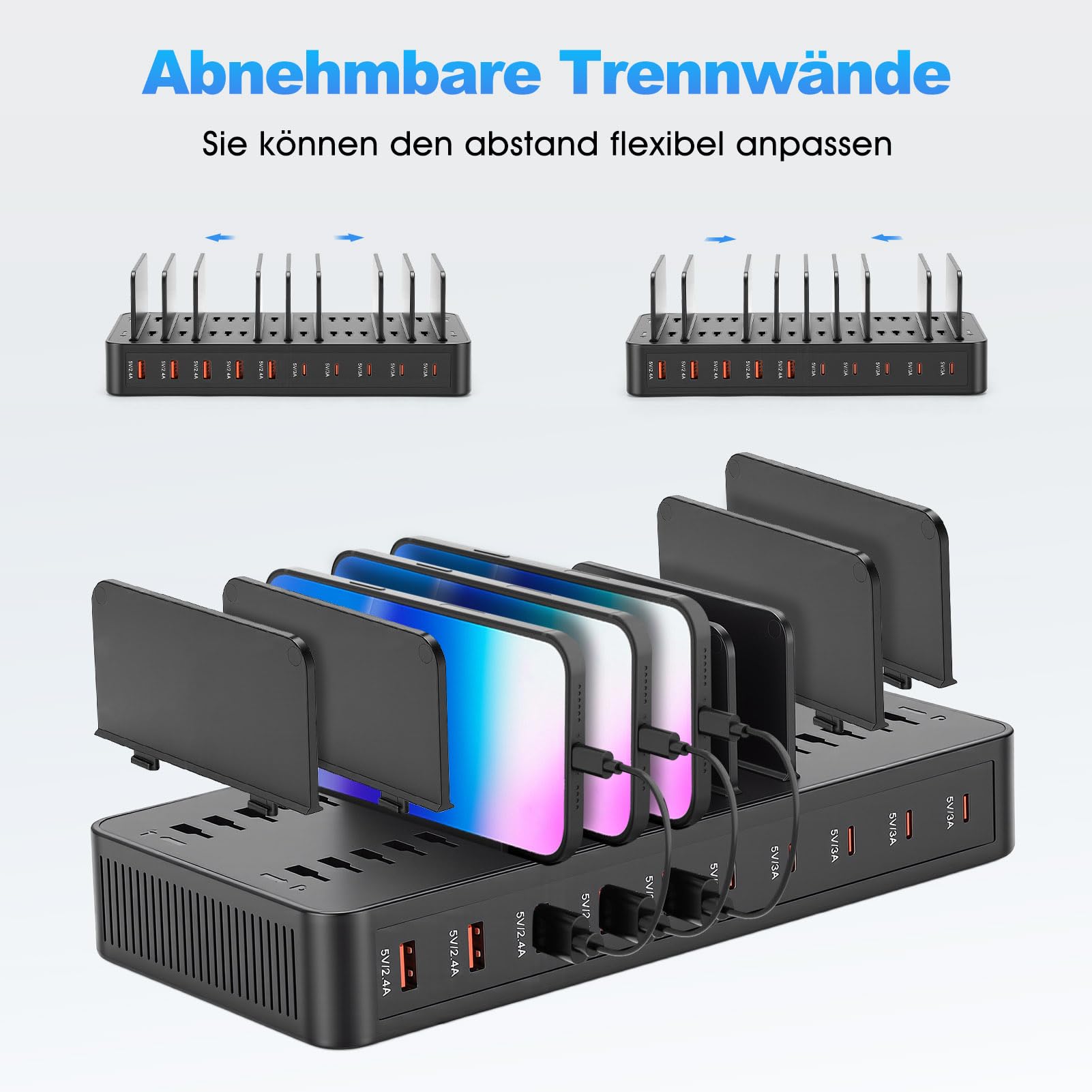USB Ladestation Mehrere Geräte,10 Ports Ladegerät mit Trennwänden,Schwarz