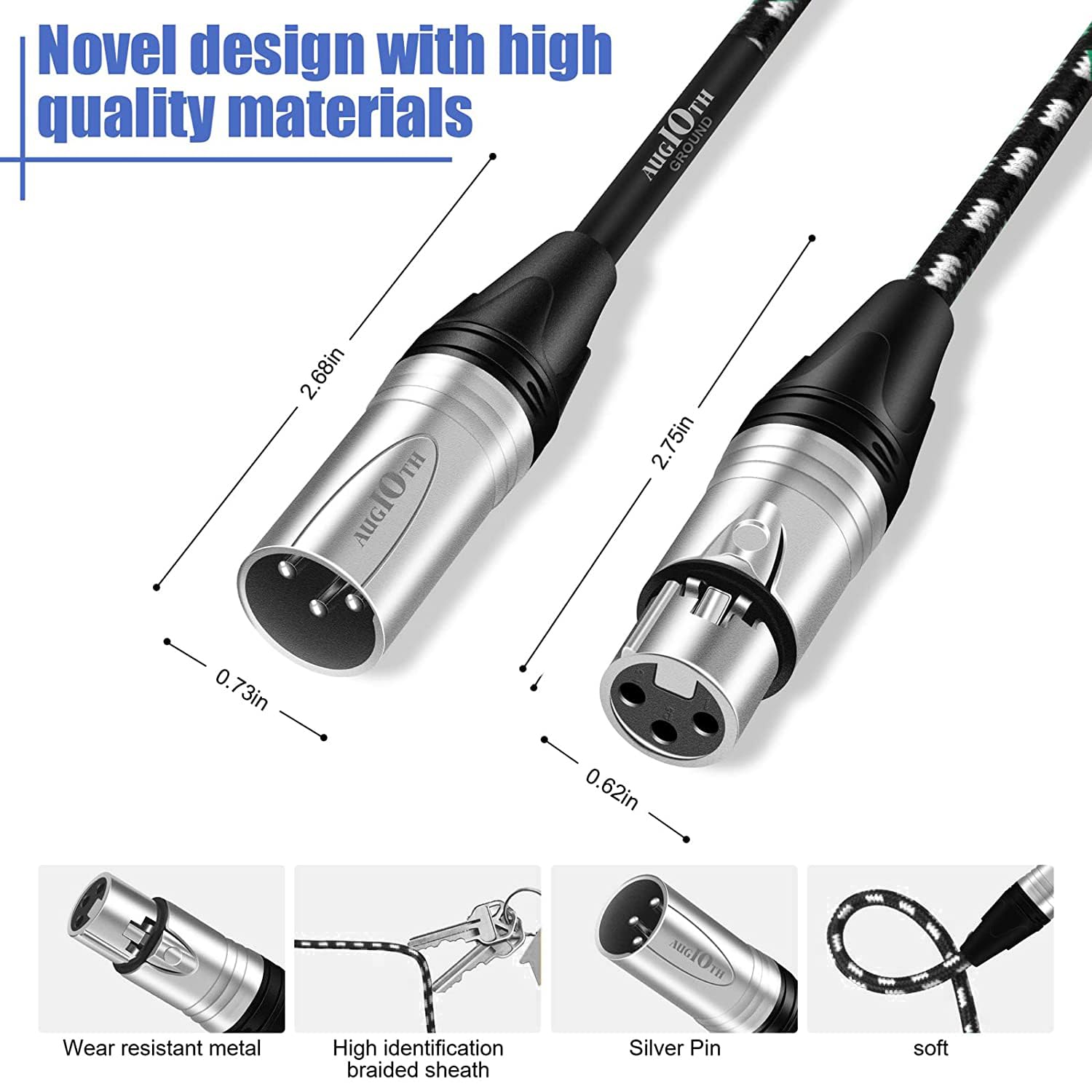 Cavo da XLR a XLR Pro Mic da 9,1 m, confezione da 2 cavi XLR maschio a femmina, cavo schermato bilanciato bianco a 3 pin per amplificatore, mixer, sistemi di altoparlanti, studio di