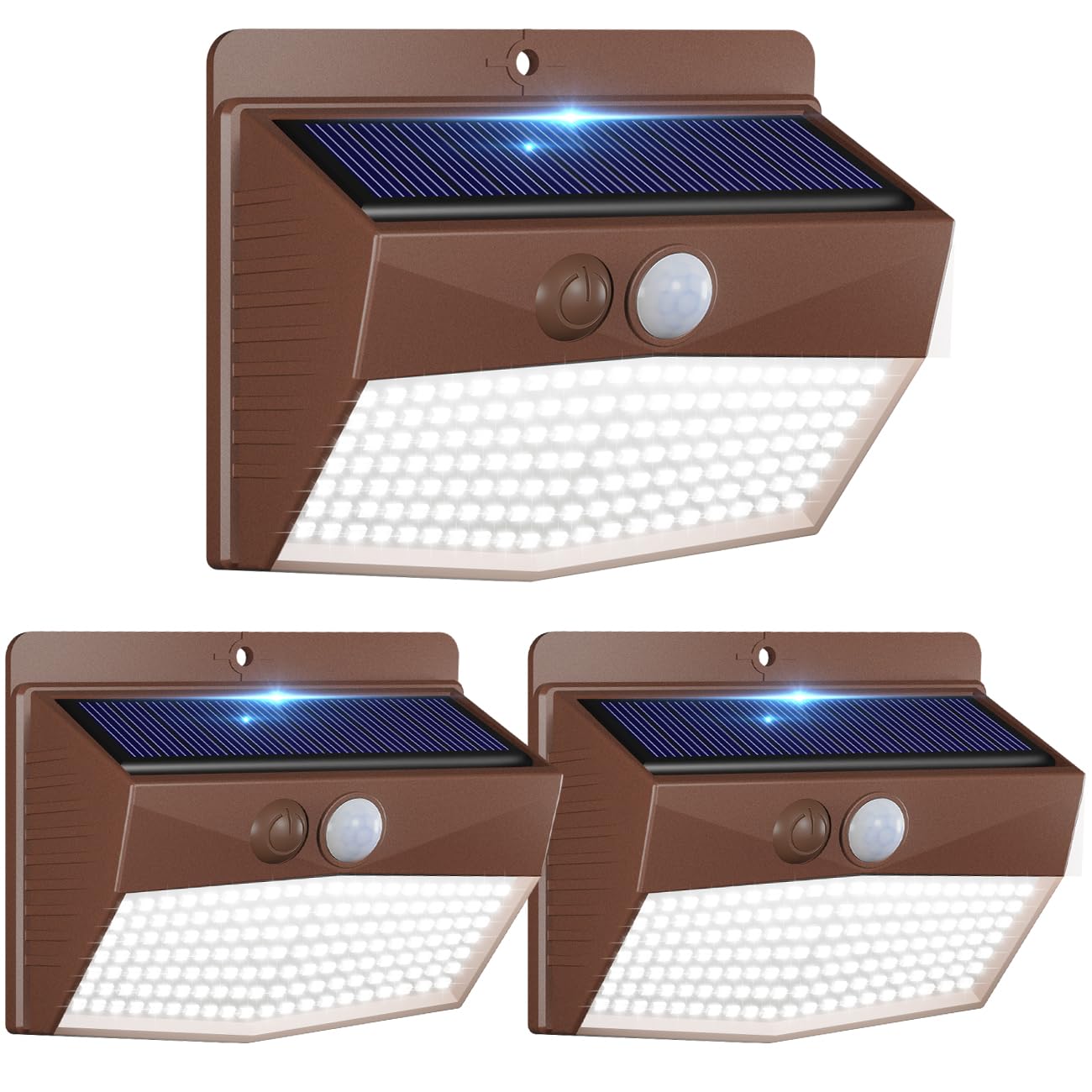 Peasur 3 Stück Solarlampen für Außen mit bewegungsmelder, 138 LED Superhelle Solarleuchte Sicherheitswandleuchte 3 Modi IP65 Wasserdichte Wandleuchte Garten, Brauner Rahmen