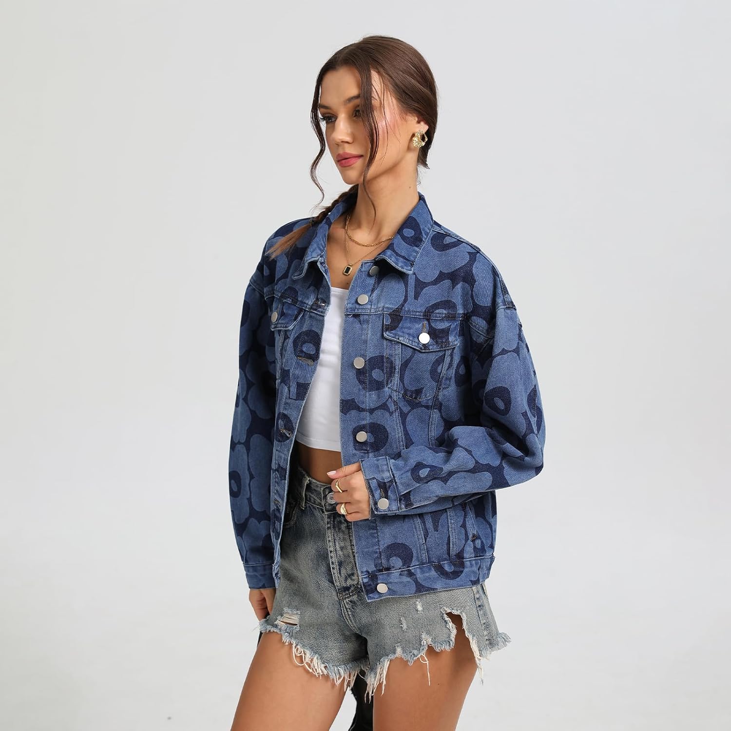 Women's Jean Jacket Denim Long Sleeve Oversized Button Down Flower Printed Jacket Coat - Image 3