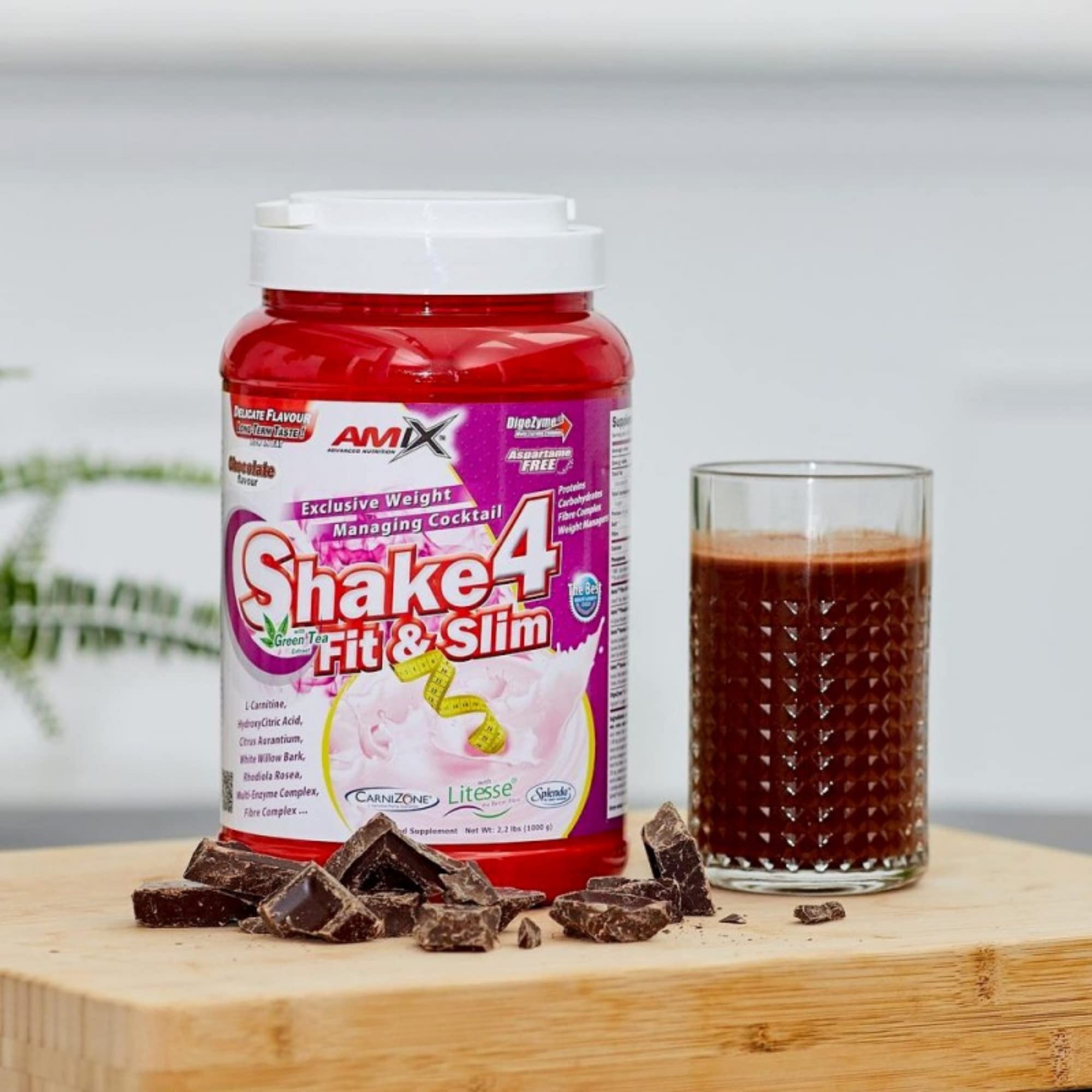 AMIX - SHAKE 4 FIT & SLIM - 1 KG - Ayuda a reducir la grasa - Reduce el apetito - Sabor a Chocolate