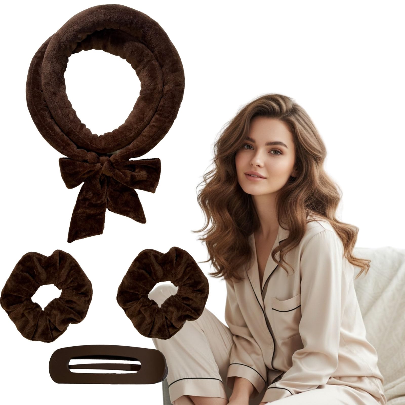 Bigodini per capelli senza calore per dormire, senza calore durante la notte, bigodini senza calore per capelli lunghi, fascia per capelli senza calore, per ricci notturni, marrone