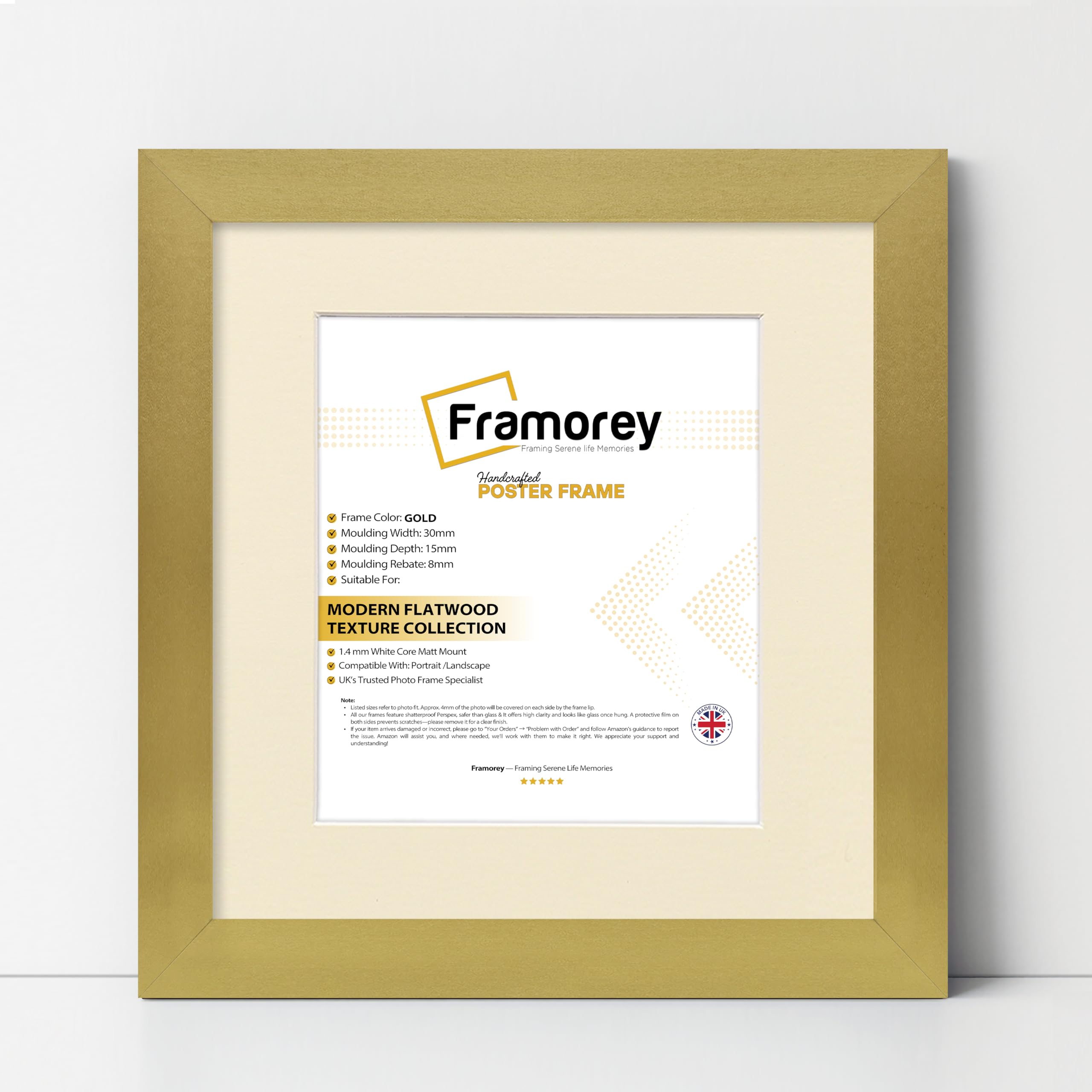 Framorey Framing Serene Life Memories Gold With Ivory Mount Framorey Square Oxford Flat Wooden Effect Picture Frame, 9X9" Size Gold Photo Frame With 7X7" Size Ivory Mount, Photo Print Frame, Best Photo Frames For Birthday Gift