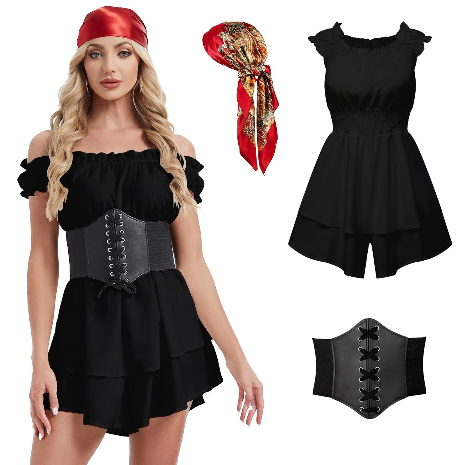 LYBOHO Pirate Costume Women,Women's Skort-Romper Jumpsuits with Corset Belt,Headband for Halloween Pirates Party (Black, S)
