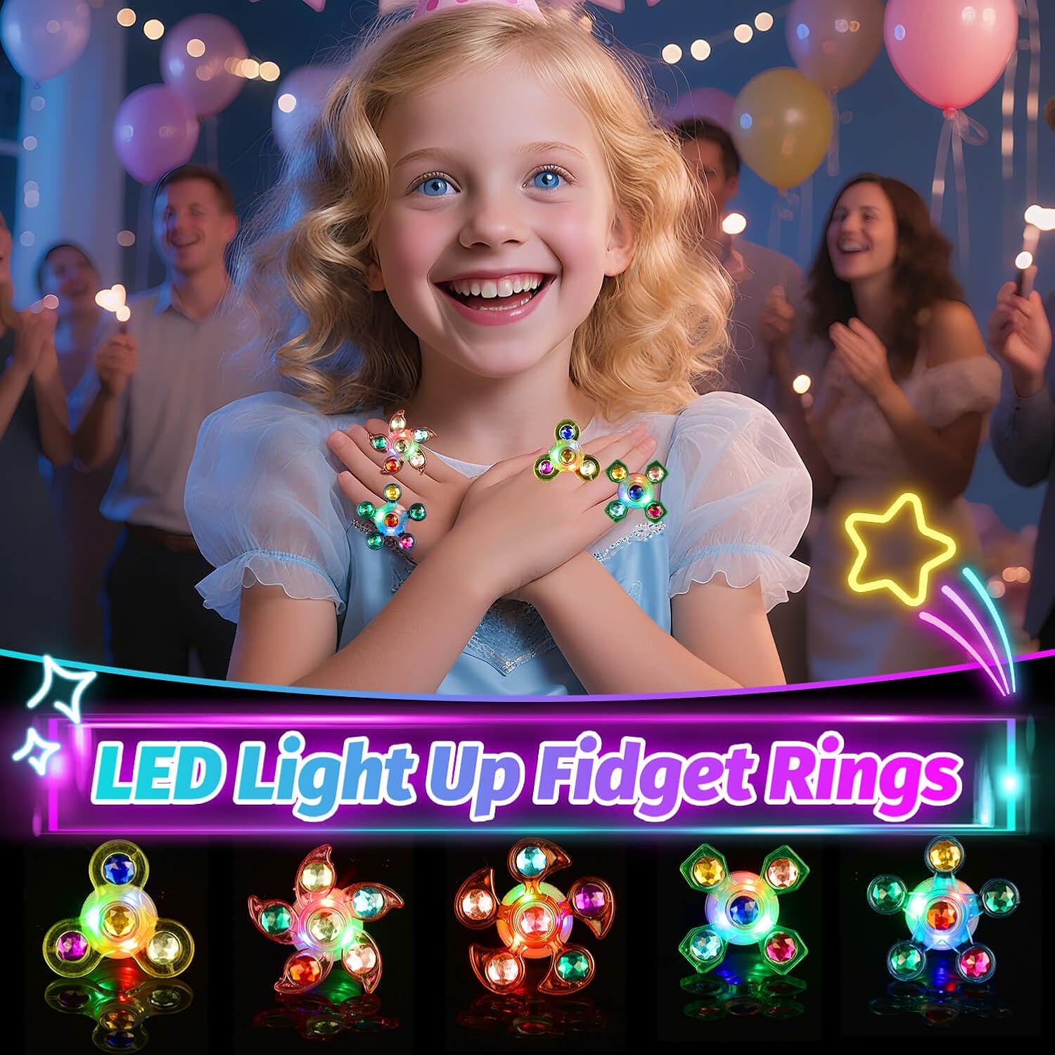 26 Pcs Glow Fidget Spinner Rings Bulk, LED Finger Lights Rotating Toy, Glow in The Dark Party Favor for Kids 4-12 Light Up Treasure Box Classroom Prizes Goodie Bag Basket Birthday Gifts for Boy Girl - Image 4