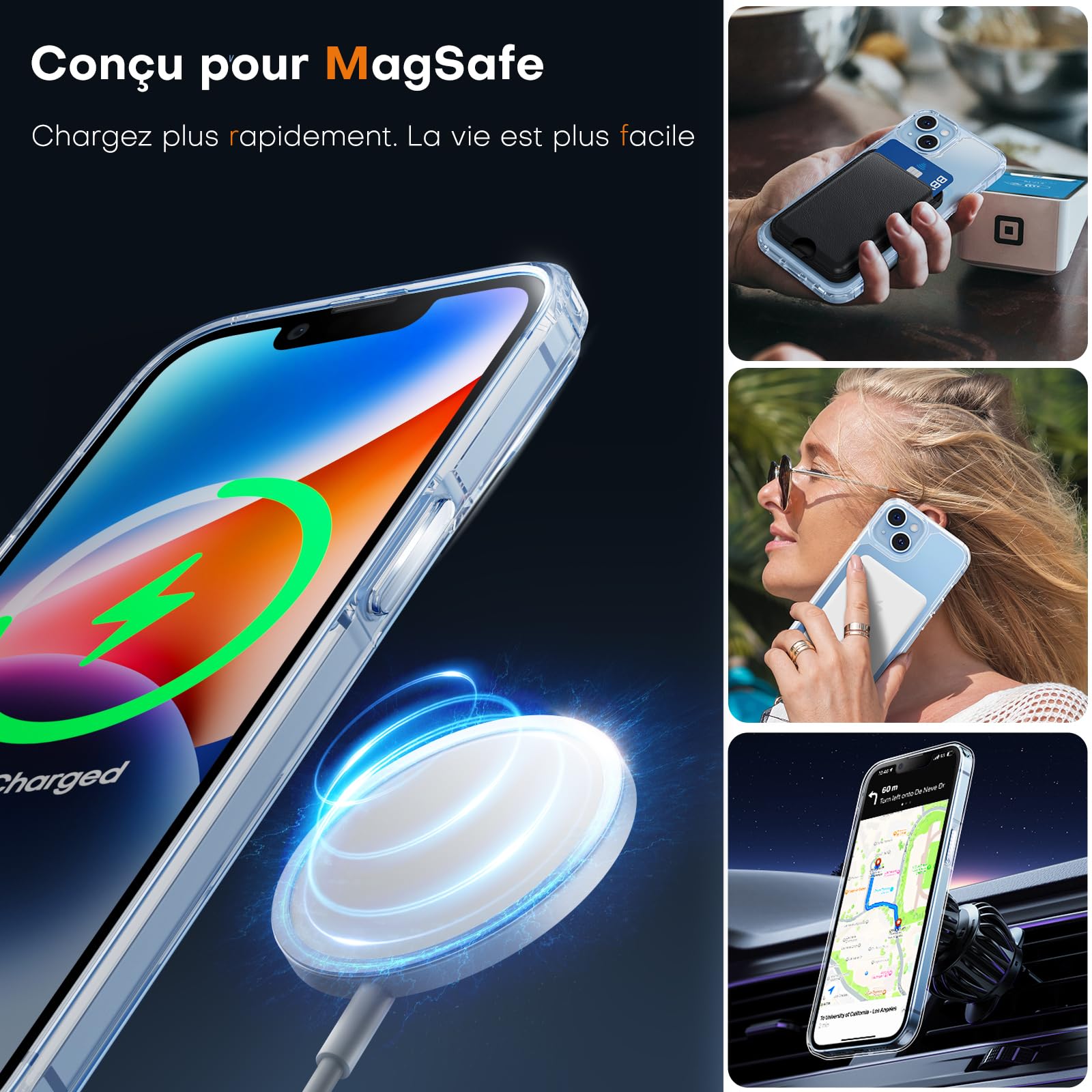 TAURI Coque Magnétique pour iPhone 13/iPhone 14 avec Protection écran, [Compatible avec MagSafe] Protection Anti-Choc Mince et Anti-Chute - Transparent