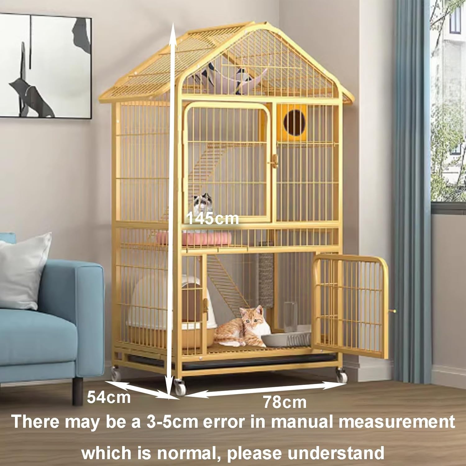Yellow Cat Cage, Cat Houses for Indoor Cats, Enclosed Cat Playpen, Cat Enclosure with Collision-Proof Lock and Universal Wheels for Small Animals(70x54x145cm)
