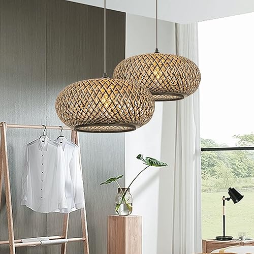Miniatura 2 de Arturesthome Lámpara colgante tejida de bambú para isla de cocina, araña tejida a mano de tonos negros, luces colgantes hechas a mano para