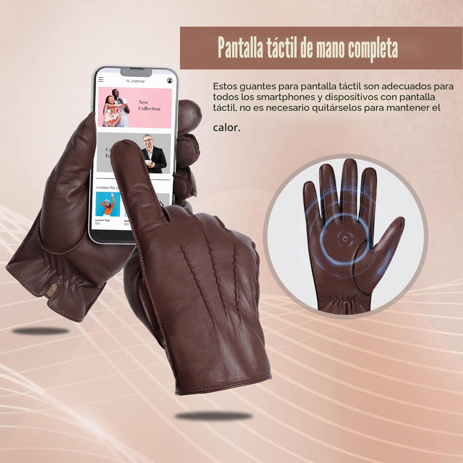 GSG SINCE 1998 Guantes Piel Hombre de Cuero Marrón Castaña L | Piel de Oveja Sin Cromo, Compatibles con Pantalla Táctil, Forro lana de cordero, Guantes de Invierno para Conducir