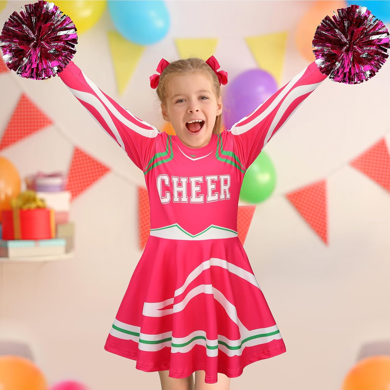 Miniatura 6 de Tisancy Juego de 6 piezas de disfraz de animadora de Halloween para niñas, conjunto de animadora con pompones, lazos para el pelo y calcetines