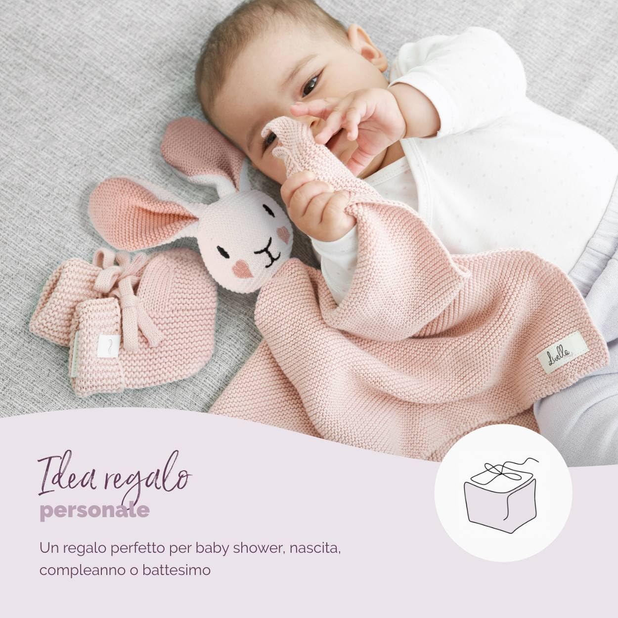Livella Doudou Coniglietto con calzini - Puro cotone biologico - Copertina premium, copertina coccole, coperta a maglia - Morbidissima e traspirante - OEKOTEX® STANDARD 100 e certificata GOTS