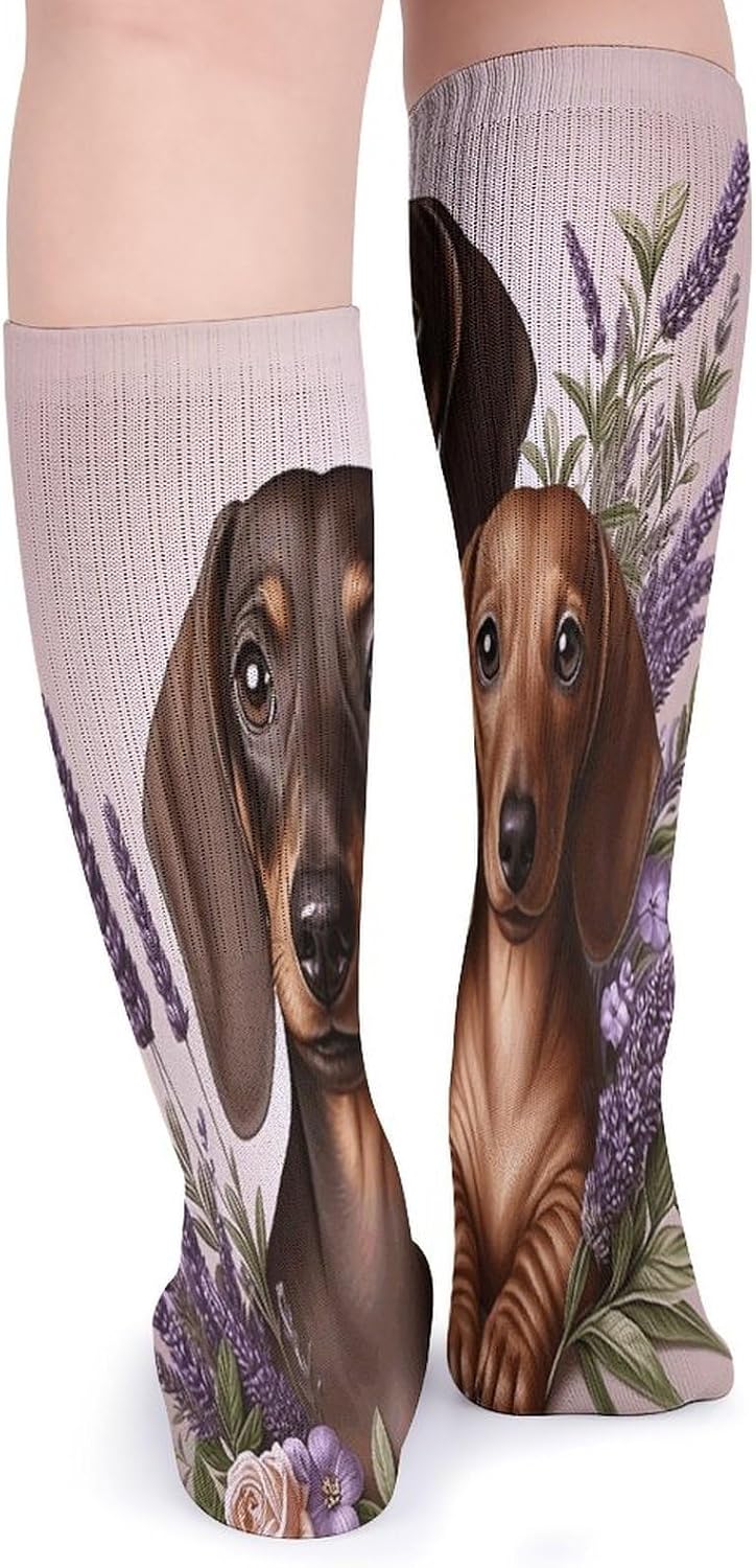 Lavender And Dachshund Crew Socks Casual Breathable Calf Socks | Cushion Running Athletic Socks Long Performance Breathable Sports Socks for Women Men