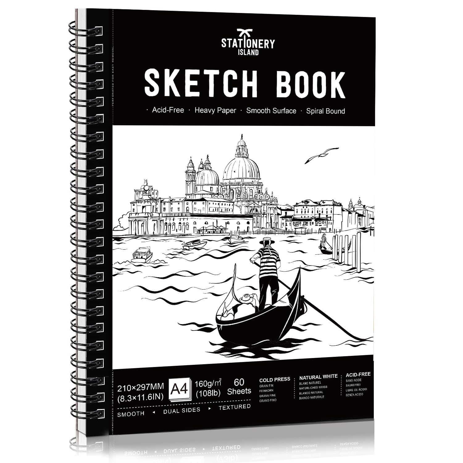 STATIONERY ISLAND Sketchbook Spiral Bound 60 Sheets A4 160gsm Premium Drawing Paper for Sketching, Drawing & Painting Sketch Pad Art Book for Pencils, Charcoal