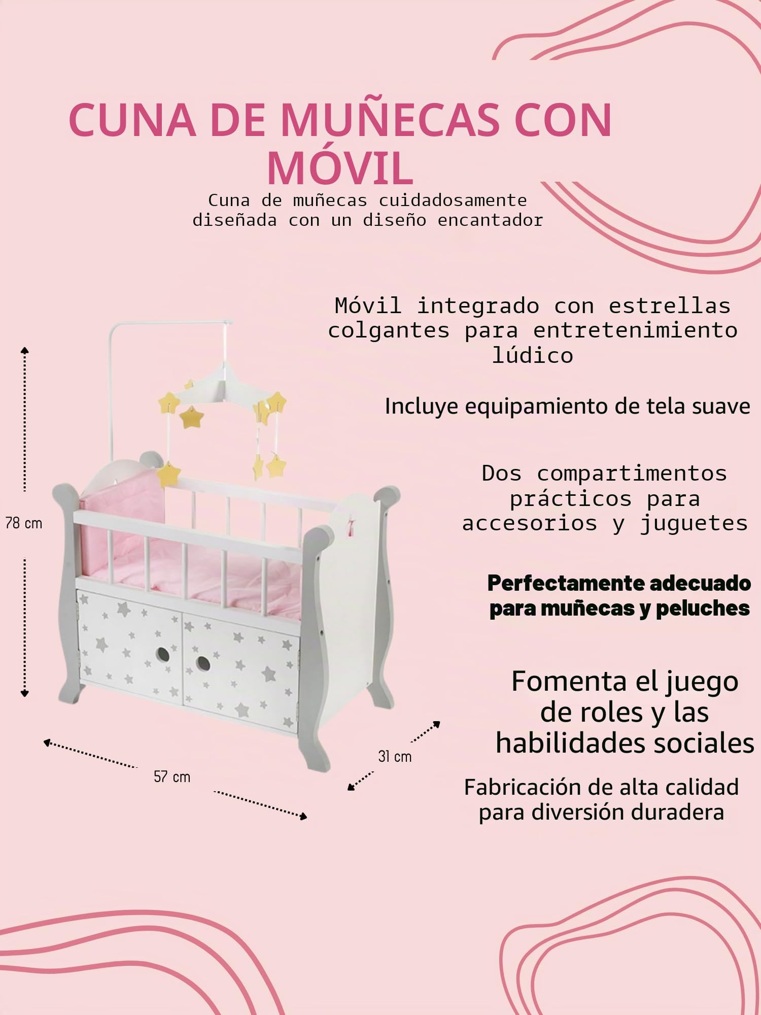 Bayer Chic 2000 - Cama para muñecas con móvil, Muebles para muñecas, Accesorios para muñecas, Estrellas Grises