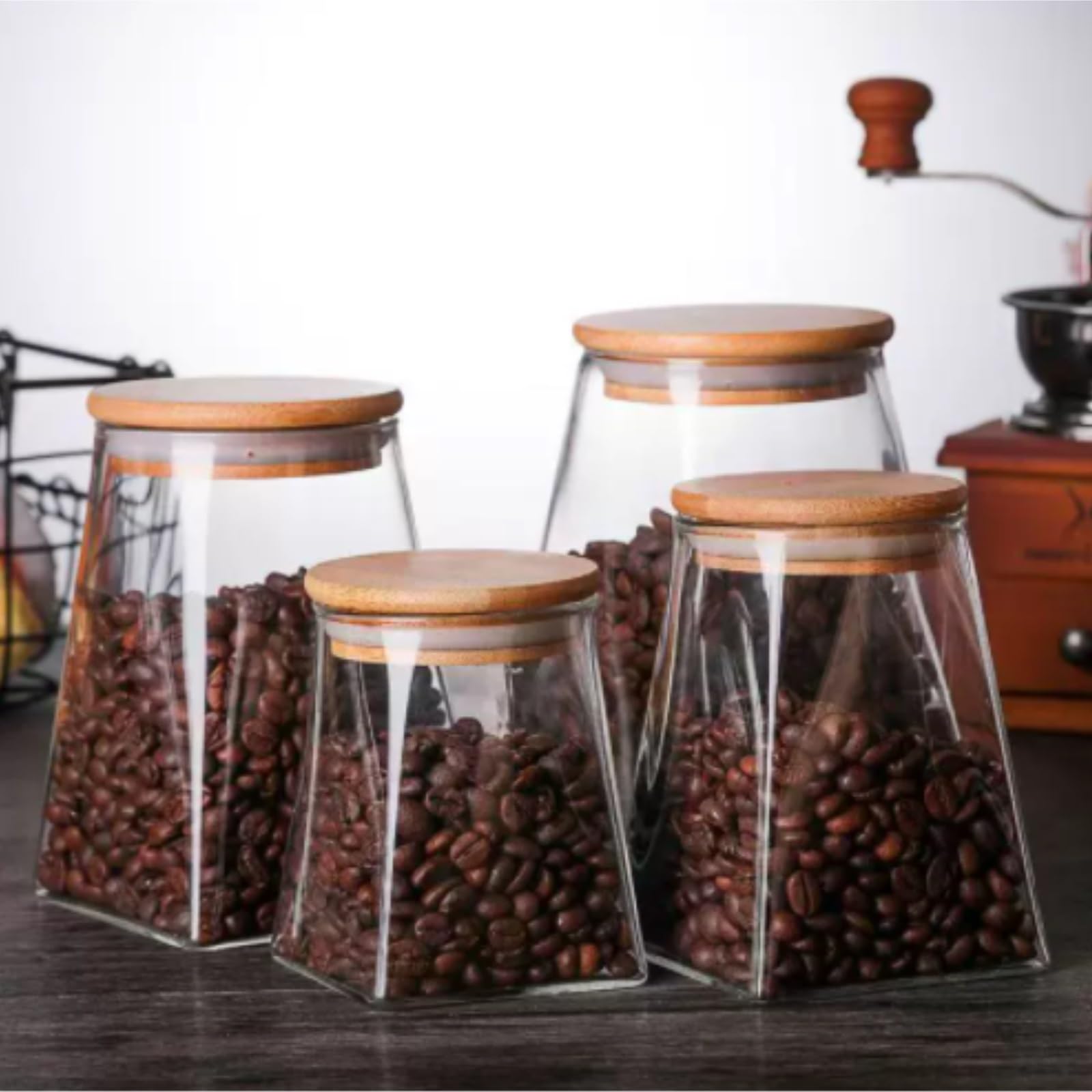 Zamknięte Pojemniki Zestaw Trapezowych Szklanych Słoików Z Bambusowymi Pokrywkami Do Domowego Blatu Przechowywania Zywności(3pcs,750ml)