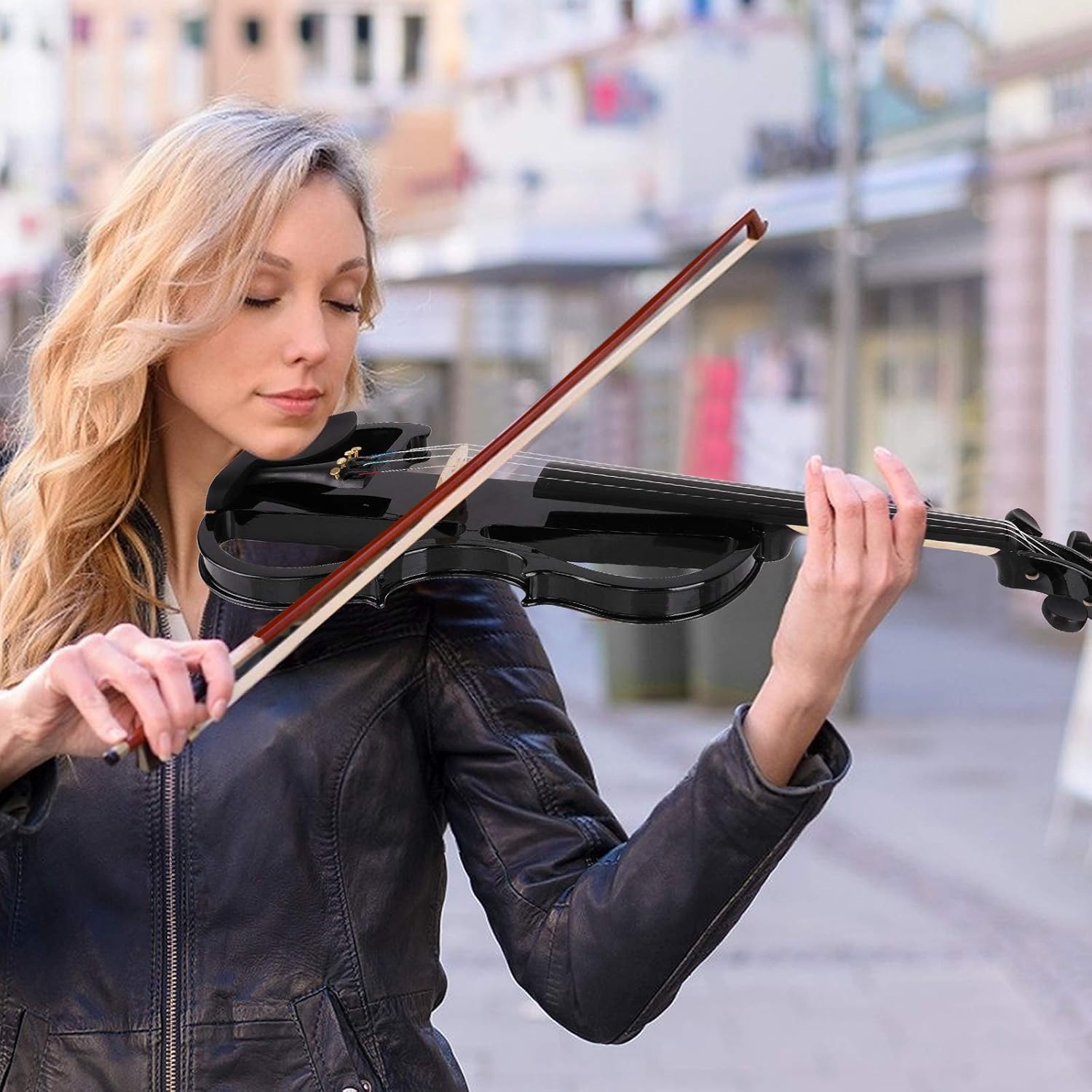 Vangoa 4/4 Elektrische Violine E Geige aus Massivem Holz Electric Stille Violine in Volle Größe mit Kolophonium, Tragetasche, Audiokabel, Schulterstütze, Bogen, Schwarz