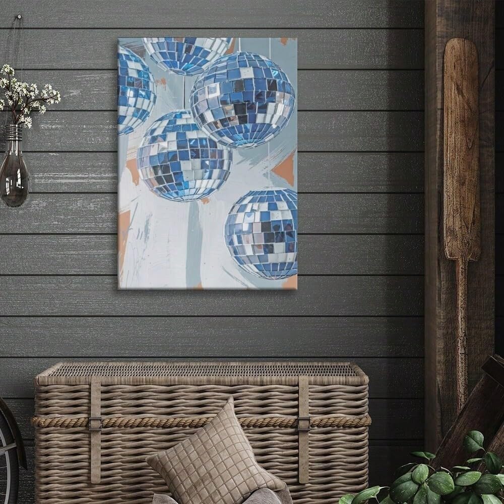 AIHNBF Bola de discoteca azul Lienzo de pared para sala de estar, vibrante pop art decoración de fiesta, imagen moderna de bolas de espejo reflectantes, 50 x 75 cm