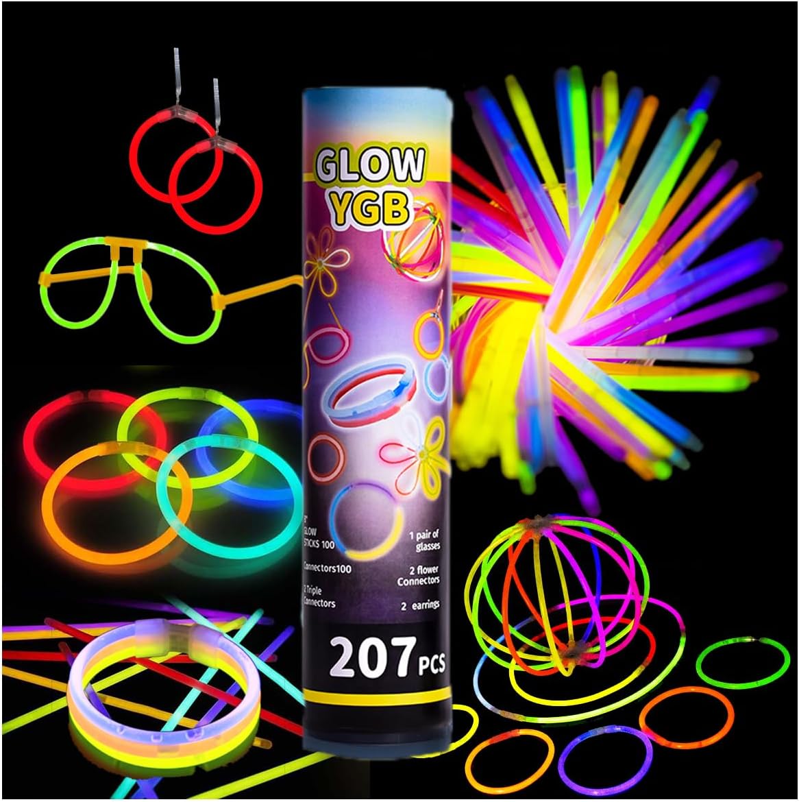 Glow Sticks 207Pcs Bulk Party Pack 8” Glow In The Dark Sticks Glow Party Supplies Bracelets And Glow Eyeglasses And Necklaces Earrings Favors For You... (207PCS)