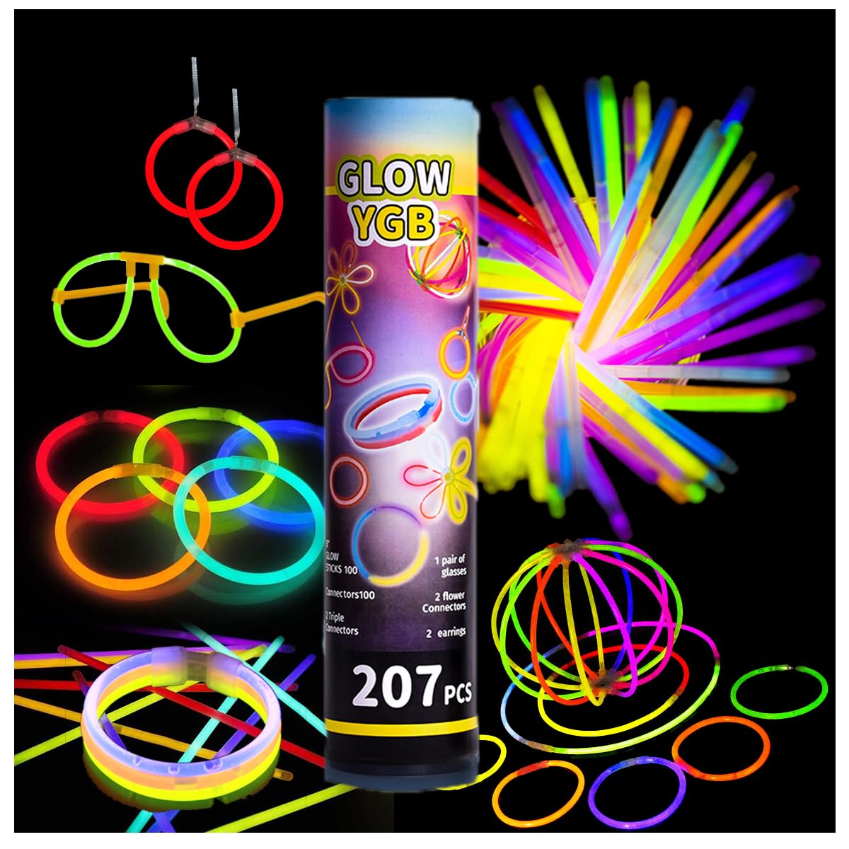 Glow Sticks 207Pcs Bulk Party Pack 8” Glow In The Dark Sticks Glow Party Supplies Bracelets And Glow Eyeglasses And Necklaces Earrings Favors For You... (207PCS)