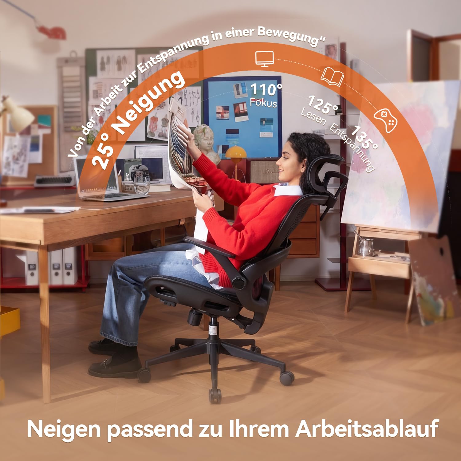 SIHOO Bürostuhl Ergonomisch, Schreibtischstuhl mit 4D Dynamischer Lordosenstütze, Breiter Kopfstütze & Klappbaren Armlehnen, Neigung 90-135°, Schwarz