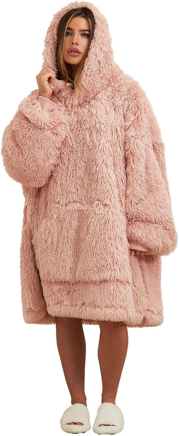Sienna Fluffy Long Fibre Fleece Sherpa Lined Super Soft Hoodie Blanket Womens Oversized Jumper Throw, Blush Pink - Adults
