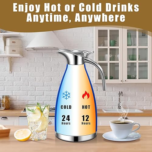 Miniatura 2 de 4 jarras térmicas de acero inoxidable de 68 onzas con tapa, jarra aislada, botella de té al vacío de doble pared con cepillos para agua caliente, té