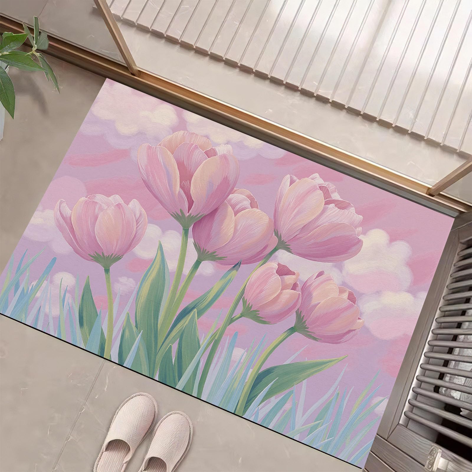 Tapis d'entrée intérieur 50x80cm lavable rose motif nuages tulipes
