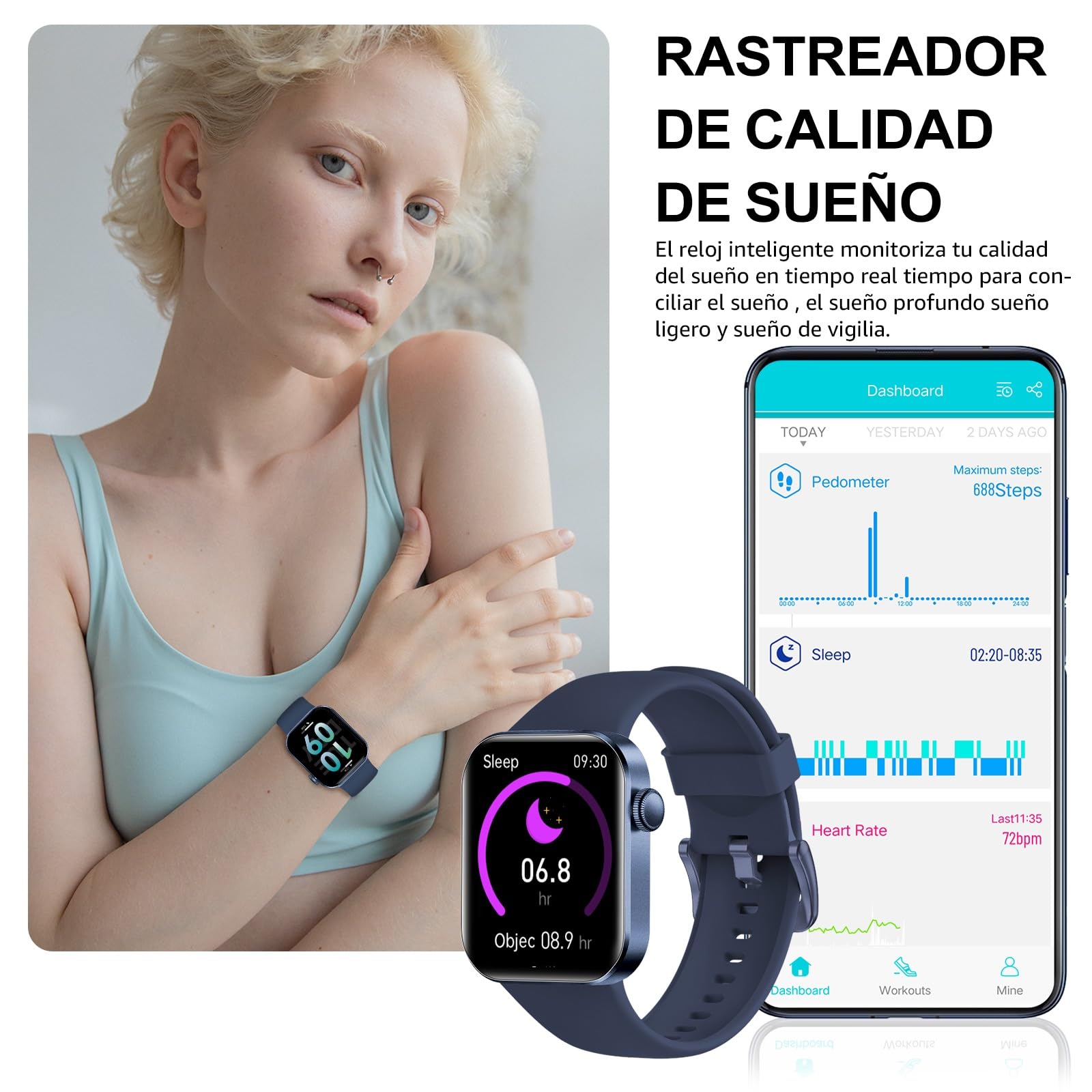 Reloj Inteligente Mujer Hombre, 1.85" Smartwatch con Llamadas Bluetooth, 140+ Modos Deportivos Smart Watch con SpO2/Pulsómetro/Monitor de Sueño/Podómetro, Impermeable IP68 Smart Watch Para Android iOS