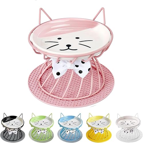 Miniatura 11 de Plato elevado de comida para gatos, cerámica, soporte antideslizante, estación de alimentación elevada, 5 pulgadas, poco profundo para bigotes, apto