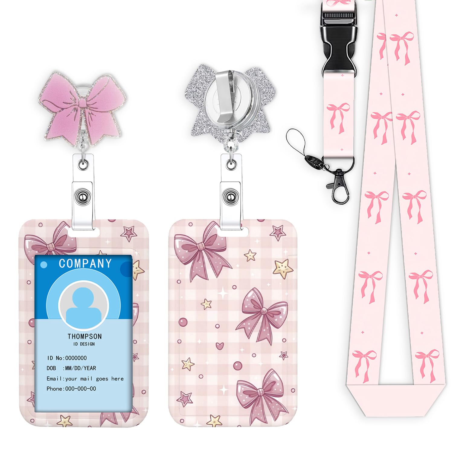 Lanyards for ID Badge Holder Pink Bow Badge Reel for women cute Nurse Teacher Name Tag Clip Retractable Keychain Heavy Duty Work Office Gifts Accessories RN LPN CNA MA Medical Nursing Breakaway — image 1