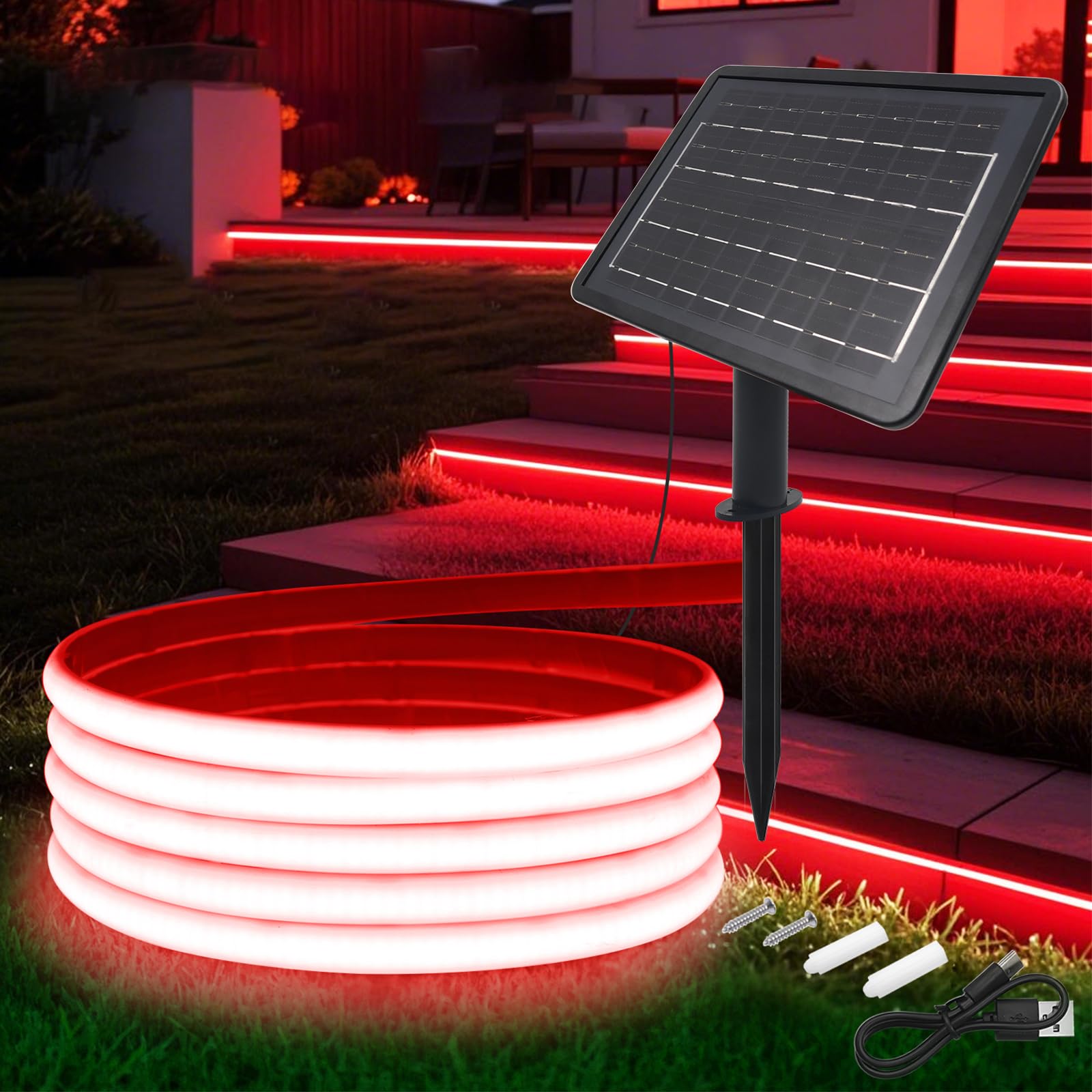 KAFULA 24V COB LED Solar Strip [2m,Red Light], 1200MAH Solar Panel Controller, 8 Modes, IP68 Waterproof Flexible Silicone FCOB LED Neon Strip for Bedroom Garden Hallway Decoration — image 1