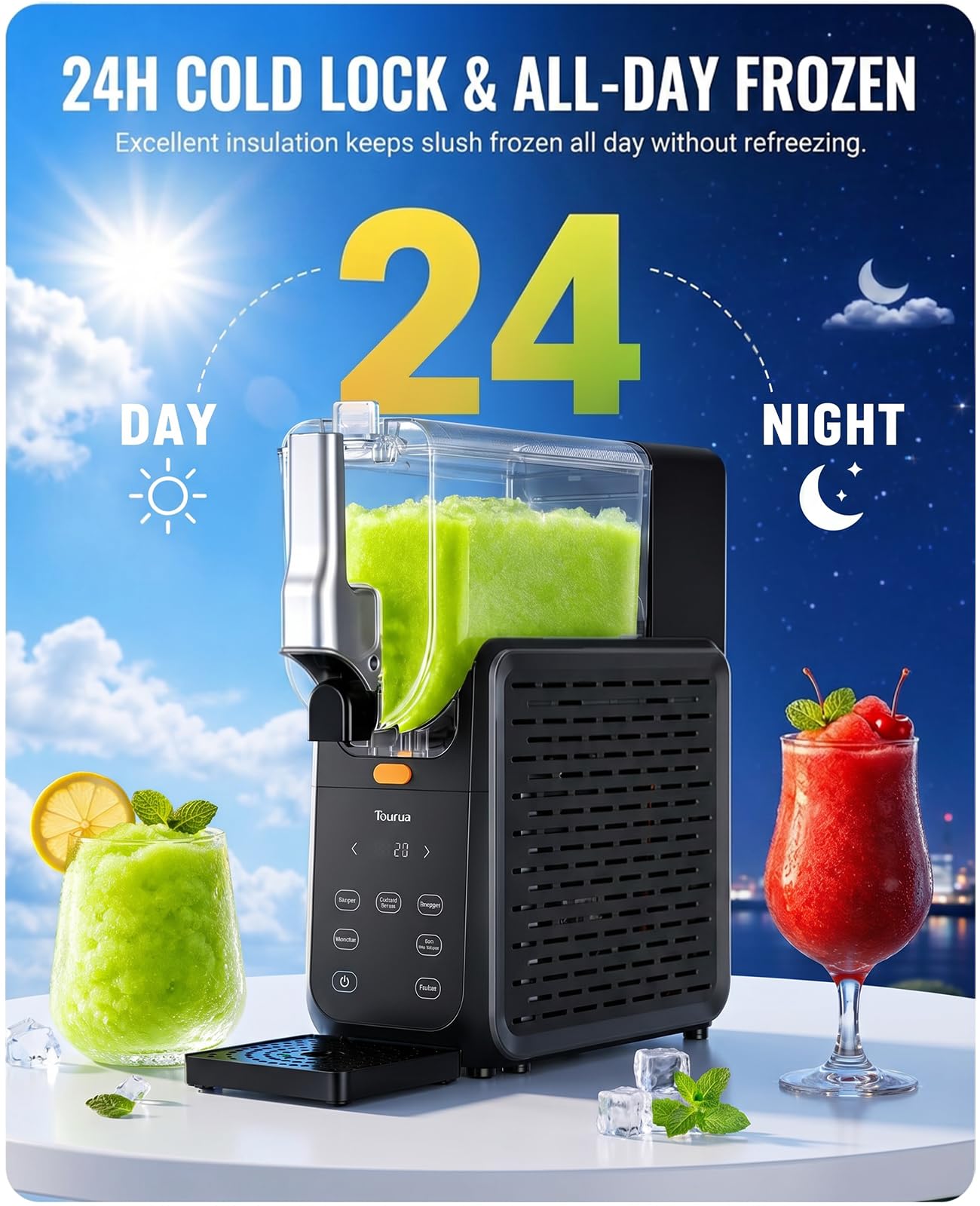 Slushie-Maschine, 2,8L Großbehälter, 15 Min Schnellkühlung, 24h Kältehaltung, Ein-Tasten-Selbstreinigung, 5 Programme, Multifunktions-Eismaschine für Slush, Milchshakes & Cocktails