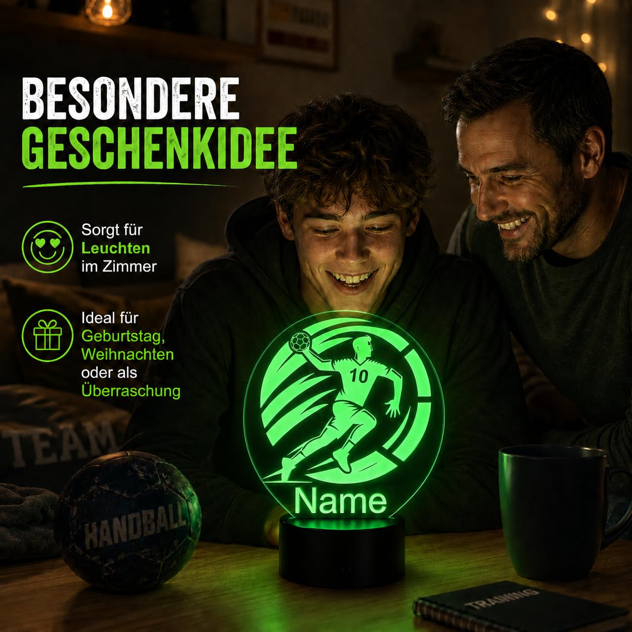 Personalisierte Handball Lampe – LED Nachtlicht mit Name – Geschenkidee für Handball Spieler, Trainer & Fans – dimmbare Tischlampe mit Fernbedienung – originelle Sport Deko fürs Kinderzimmer & Zuhause