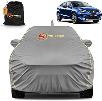 Maruti Suzuki Baleno 100% Waterproof Car Cover for All Weather Protection with Mirror & Antena Pocket Inner Cotton Triple Stitched Adjustable Belt Bottom Elastic Cover to Secure Fit -Grey