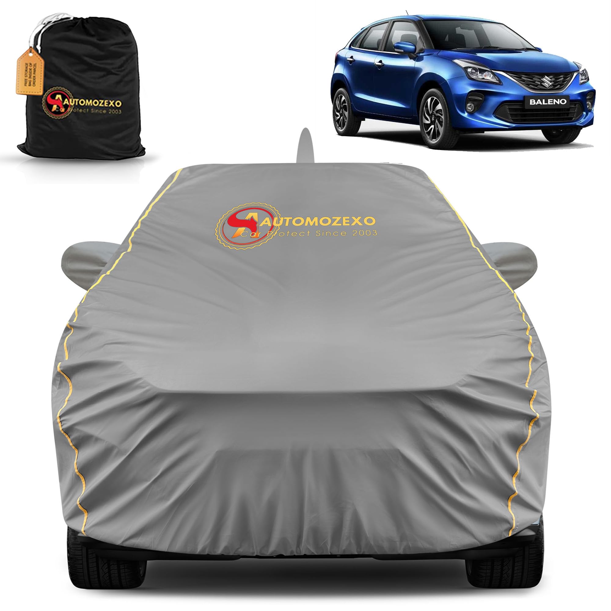 Maruti Suzuki Baleno 100% Waterproof Car Cover for All Weather Protection with Mirror & Antena Pocket Inner Cotton Triple Stitched Adjustable Belt Bottom Elastic Cover to Secure Fit -Grey