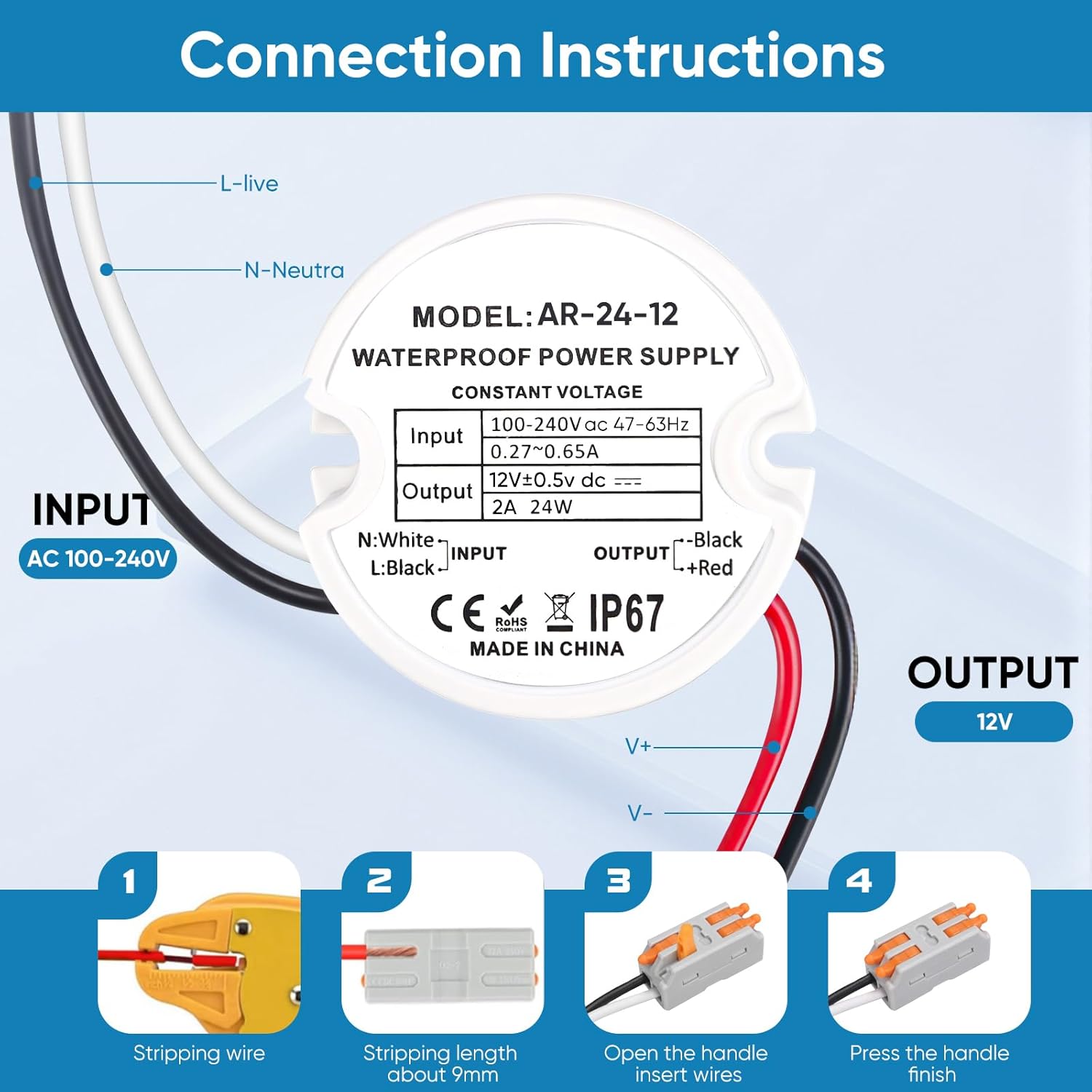 Waterproof IP67 LED Driver 24 Watts, LED Power Supply 12V 2A, Round 120V to 12V Transformer for Indoor and Outdoor LED Lighting - Image 4