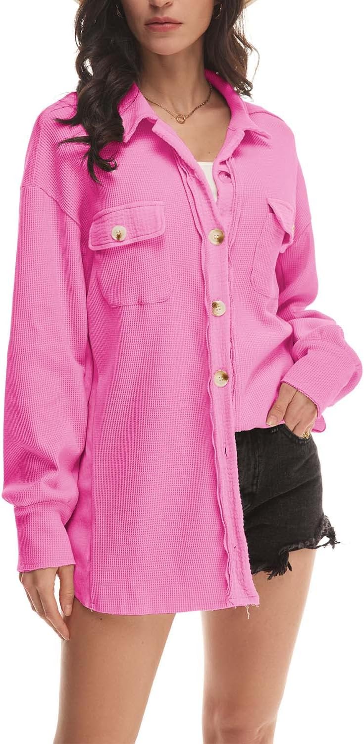 Nirovien Womens Waffle Knit Shacket Oversized Button Down Shirt Jacket Lightweight Spring Outfits Clothes